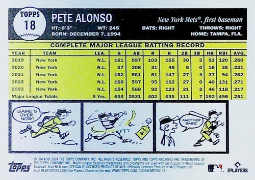 2024 Topps Archives 1961 variación #18 Pete Alonso New York Mets - Imagen 2 de 2