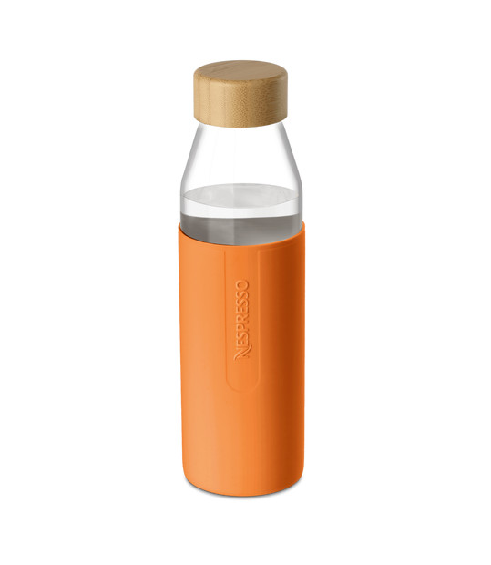 Botella de agua reutilizable Nespresso con funda naranja 500 ml tapa de bambú nueva *sin caja*