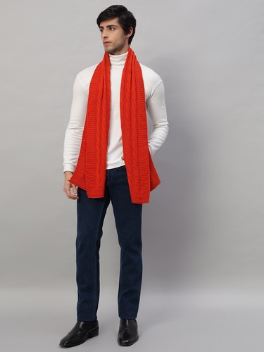 Men's WINTER CASHMERE KNITTED SCARF SOLID ORANGE Made in India Soft Wool Wrap - Afbeelding 3 van 7