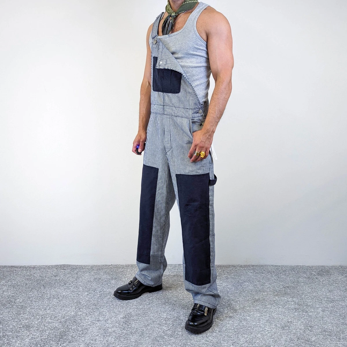 Pantalon homme BERSHKA denim Dungarees ray bleu MOYEN patchwork jean M 38