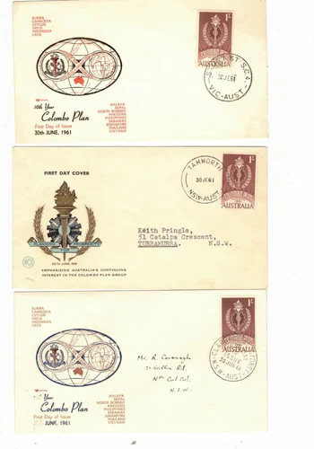 Australia 1961 1/- Colombo on FDCs,cds STURT ST, TAMWORTH etc  (3 Covers)