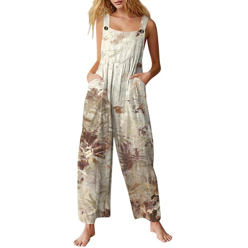 Women's Casual Jumpsuit Sleeveless Camouflage Print Cotton Jumpsuit - Picture 9 of 42