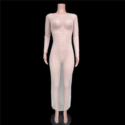 Sexy Damen durchsichtig Maxi Netz Kleid Perlen transparent Langarm Club langes Kleid