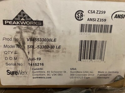 PeakWorks Self-Retracting Lifeline (SRL) with Galvanized Steel Cable, Snap Hook,
