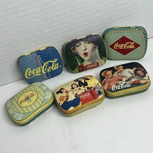 VTG Coca Cola Small Graphic Pocket Tins Carry Cases-Mints/Pill Cases Lot Of 6