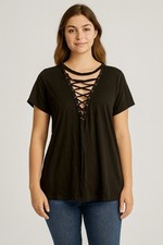 Women  s Black Lace Up V Neck T Shirt Top Short Sleeve Casual Stretch Tee Size L