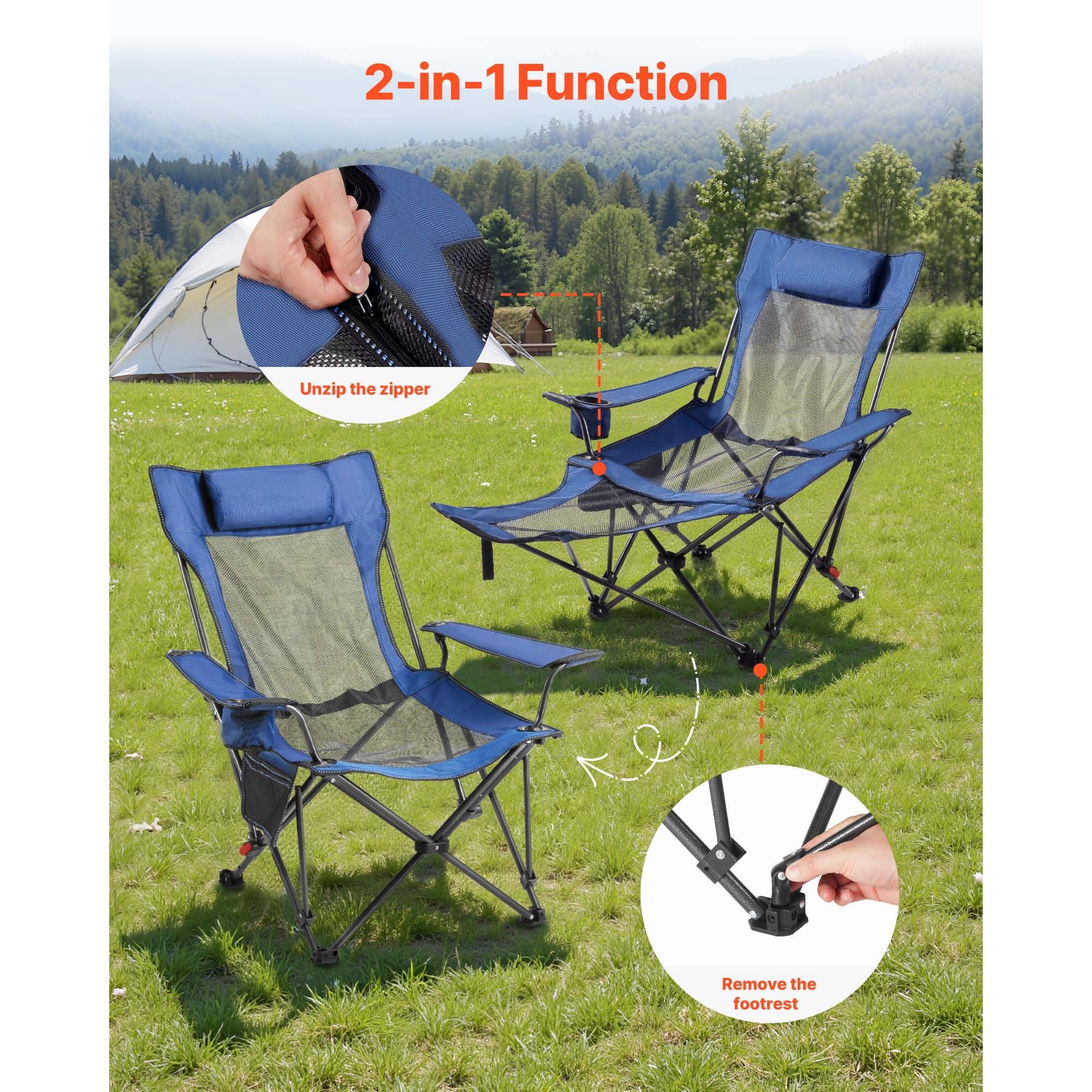 Uimoso Portable Folding Reclining Camping Chair for Adults, Heavy-Duty, Blue