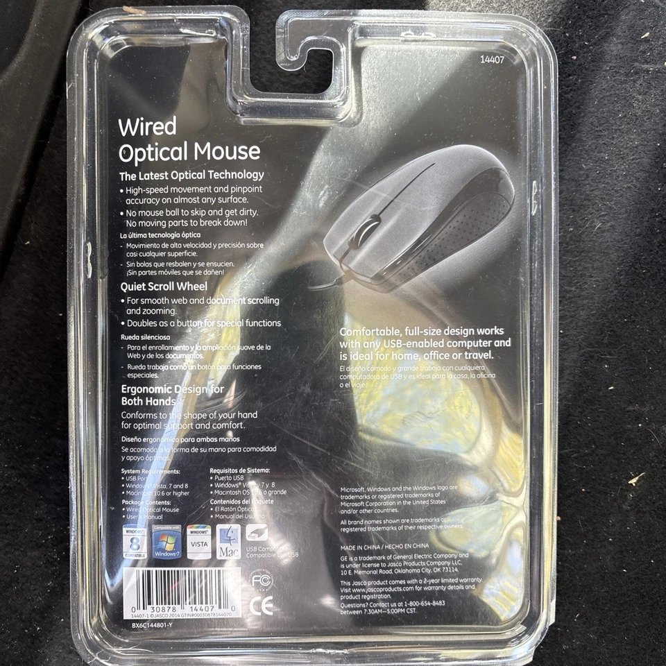 New In Package GE Wired Optical Mouse 14407 PC/MAC Comfortable USB 2.0 Both Hand - Image 2 of 2