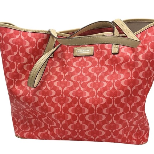 Coach 25673 Authenticated Peyton Park Split Dream Coated Canvas Red Pink Tote - 第 1/13 張圖片