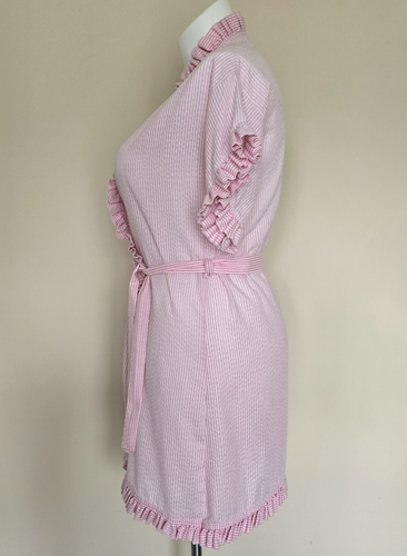 Vintage rosa weiß Seersucker gestreift Morgenmantel Kurzarm Rüschen Schärpe Taschen zum Binden - Bild 4 von 18