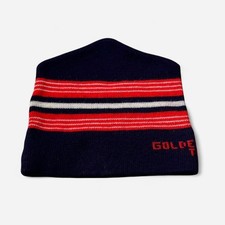 Vintage Golden Team Ski Beanie bobble Hat Unisex blue Stripe Knit snowboard