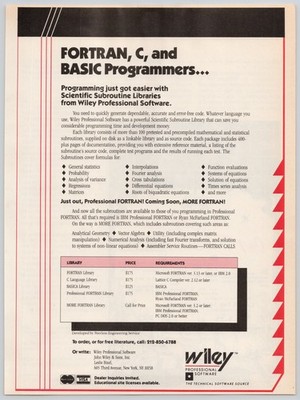 FORTRAN C BASIC Wiley Software Scientific Subroutines Programs 1986 Print Ad