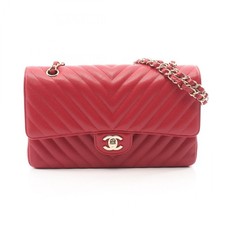 CHANEL Chevron V-stitch W flap Chain Shoulder Handbag Calf leather Red GHW Used