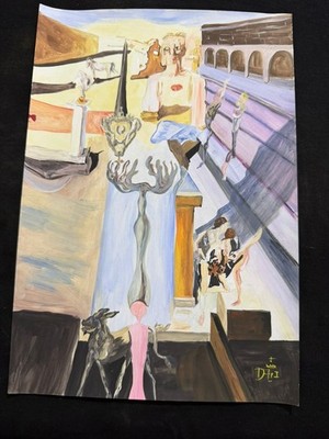 SALVADOR DALI   drawing and painting on old paper signed stamped vintage