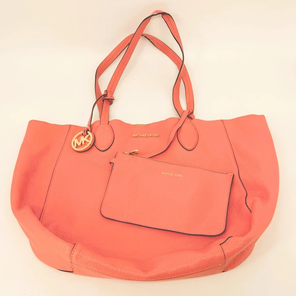 Michael Kors Coral Pebbled Leather Tote Bag & Matching Pouch Gold Interior - Image 2 of 4