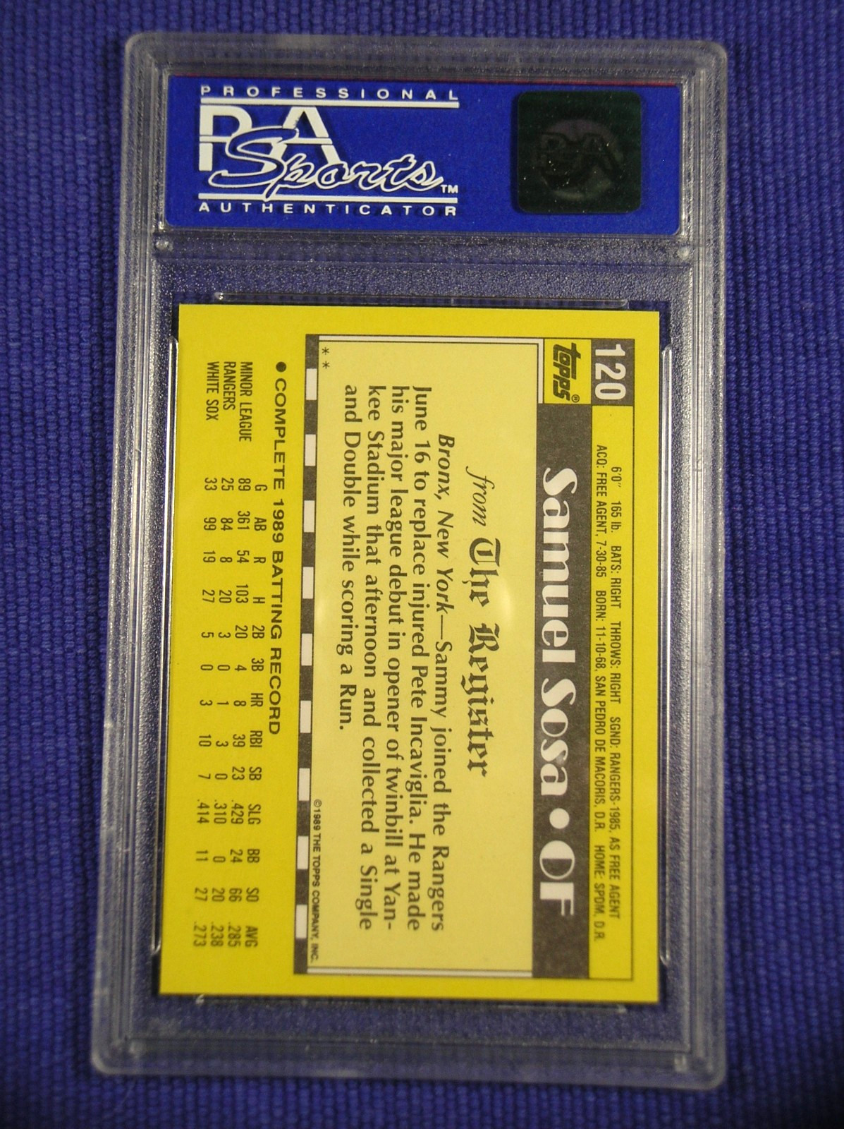 Sammy Sosa 1990 Topps '89 M.L. Debut #120 RC PSA 9 Mint Rookie view 3