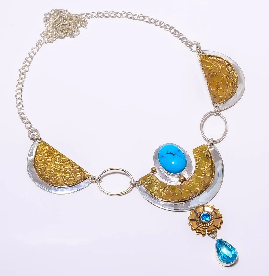 Collar Hecho a Mano Magnesita Turquesa Plata de Ley 925 Dos Tonos 17.99" T78 Foto 2 de 4