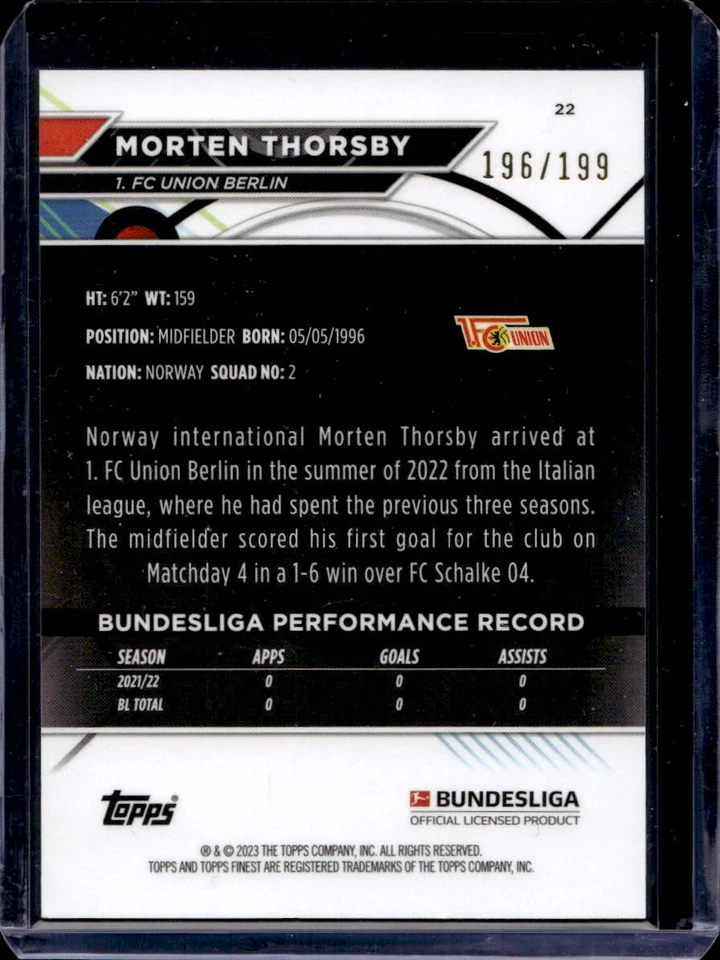 Morten Thorsby 2022-23 Topps Finest Bundesliga #22 Black Wave Refractor /199 - Image 2 of 2