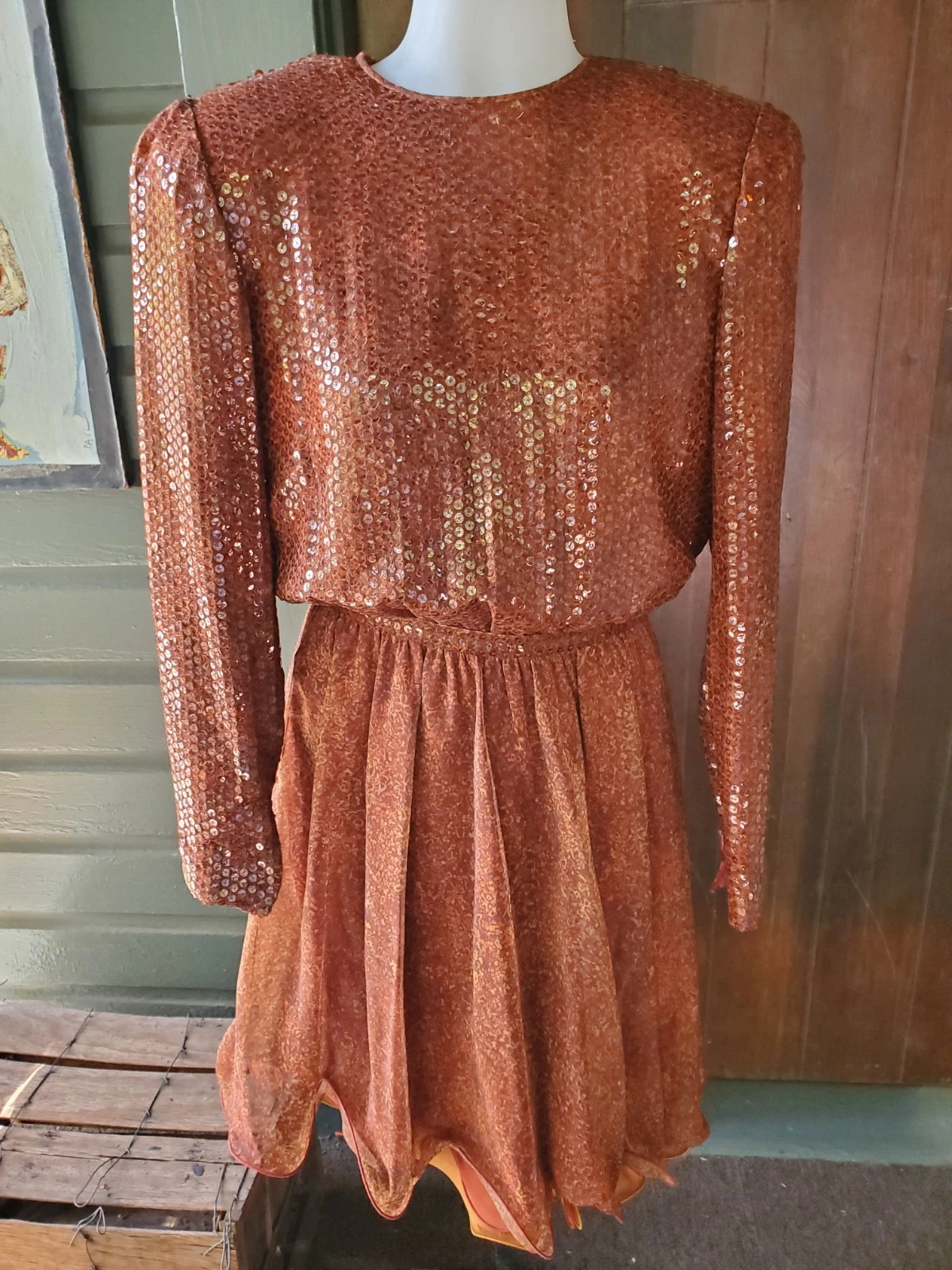 Vintage Rust Colored Sequined Ruffle Skirt Stanley Platos Dancing Dress M