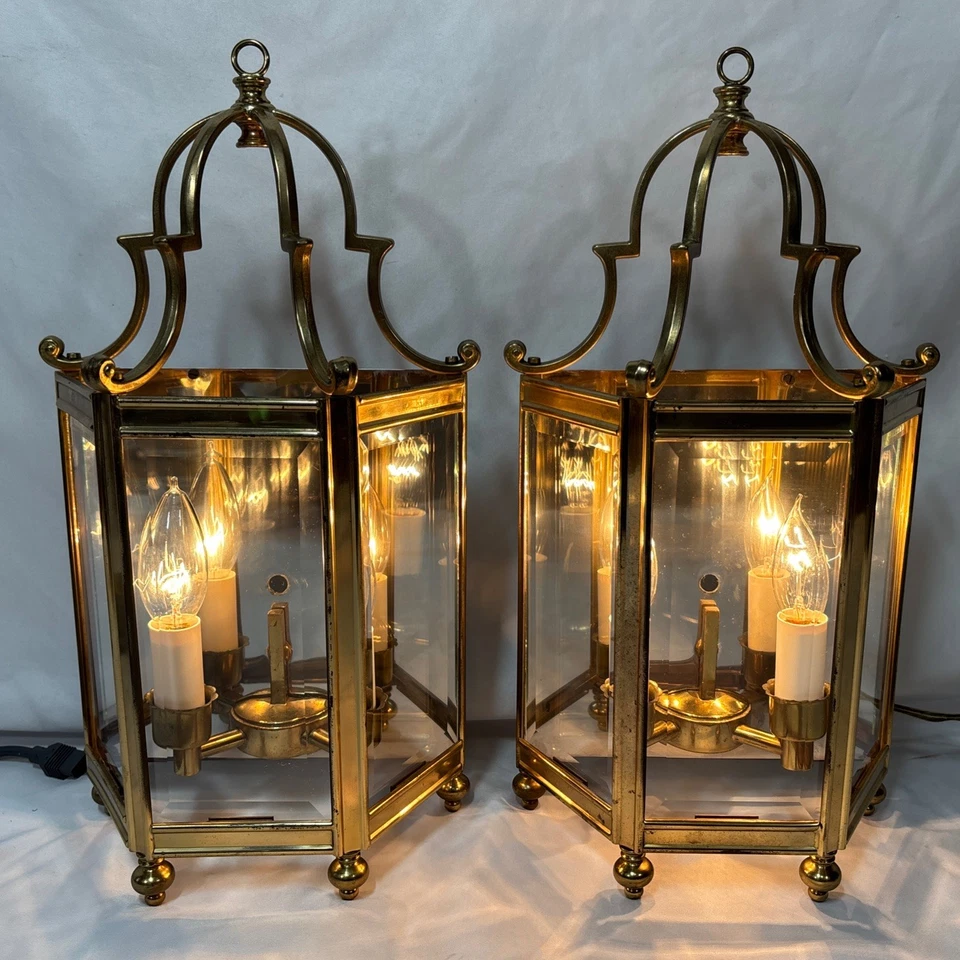 复古中世纪一对黄铜和 3 面斜面玻璃壁灯壁灯 — 第 3/4 张图片