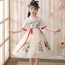 Girl Chinese Traditional Costume Dress Kid Hanfu Mesh Embroidery Floral Princess