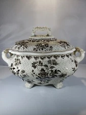13 " Brown Transferware Staffordshire Soup Tureen Brunswick Star