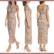 NEW 268 Pisarro Nights 16 Beaded Mesh Column Gown in Rose Nude J528