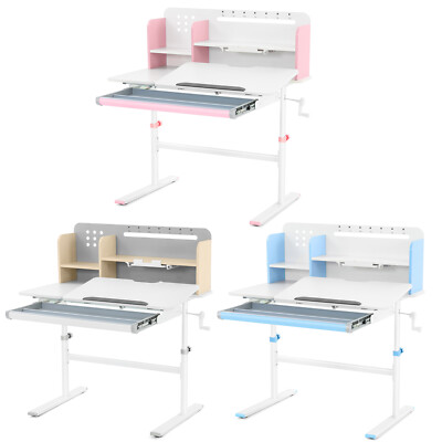 Pink/Blue/Gray 39'' Wide Adjustable Height Kids Study Desk Table w/ Drawer, Shelf