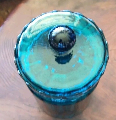 Mid Century Blue Empoli Glass Tall Apothecary Jar Candy Canister Circus Tent Lid - Picture 2 of 6