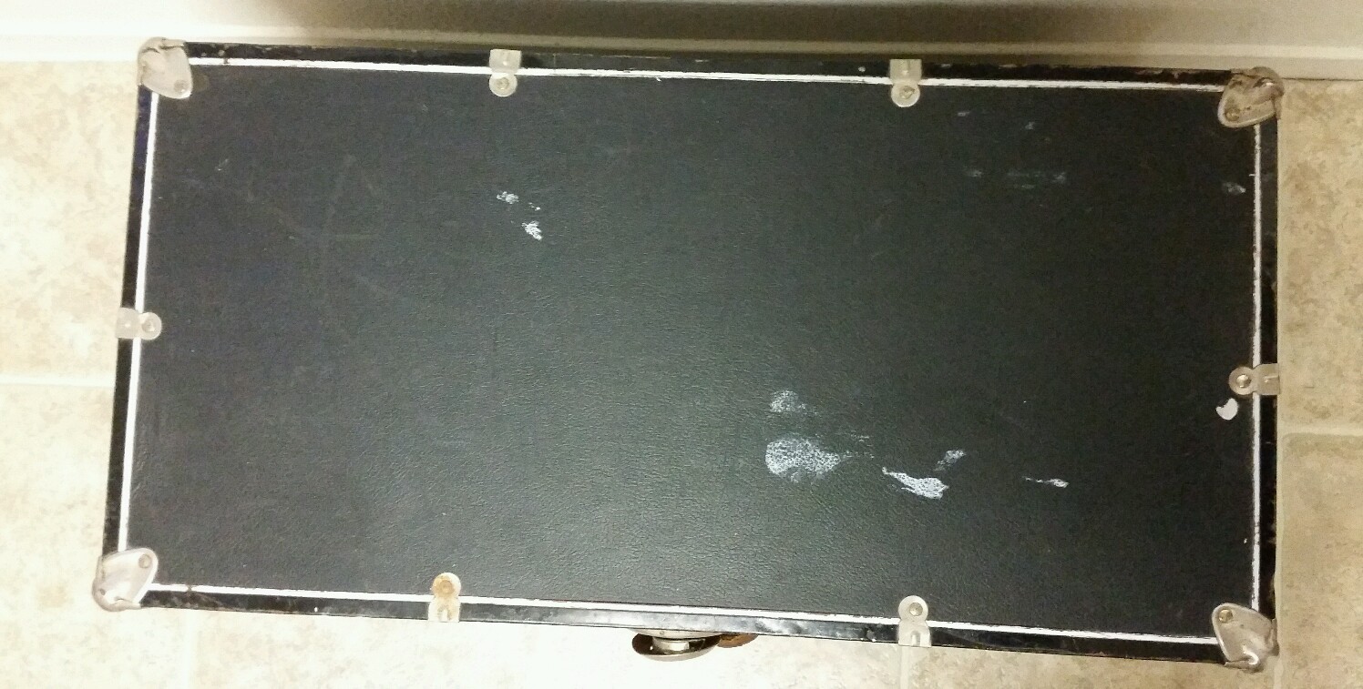 Vintage Black Coffee Table Trunk w/ Metal Corner & Edges Newspaper Lining 28"