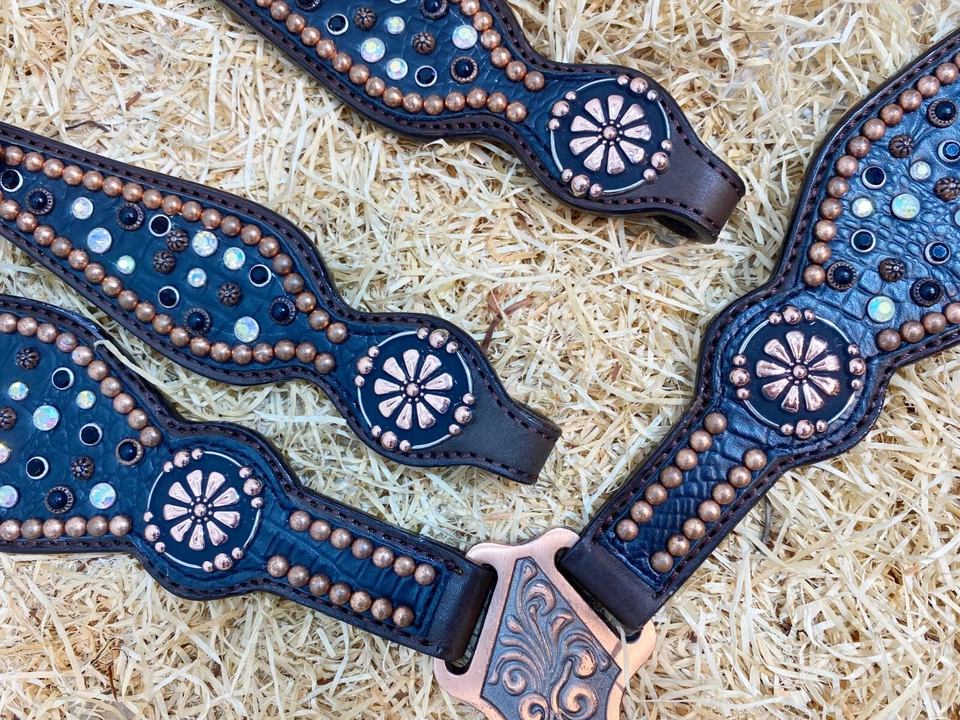 Leather Horse Headstall Set with Black Rhinestone Along with Copper Studs MOUSM - Image 3 of 4