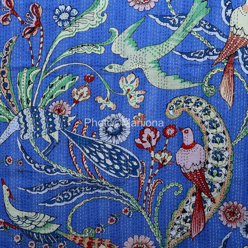 Indian Kantha Quilt Peacock Print Blue Cotton king size Bedspread Throw Blanket - Picture 5 of 5