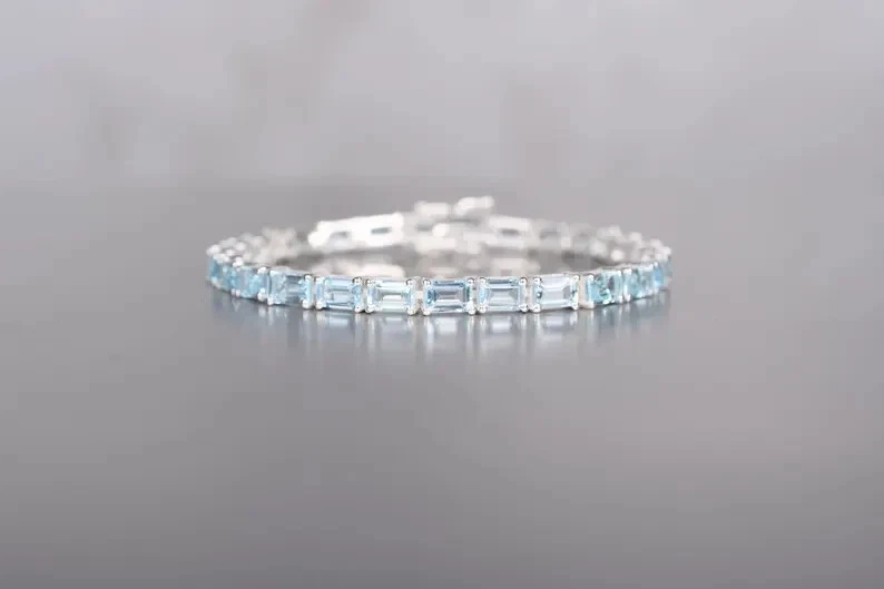 9ct Emerald Cut Simulated Aquamarine Tennis Bracelet 14k White Gold Plated SLVR - image 3 of 4