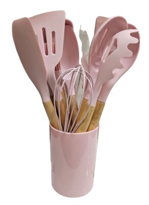  12-teiliges Silikon Utensilien Set mit Halter, Hitzebeständige Rosa Kochgeschirr Werkzeuge.