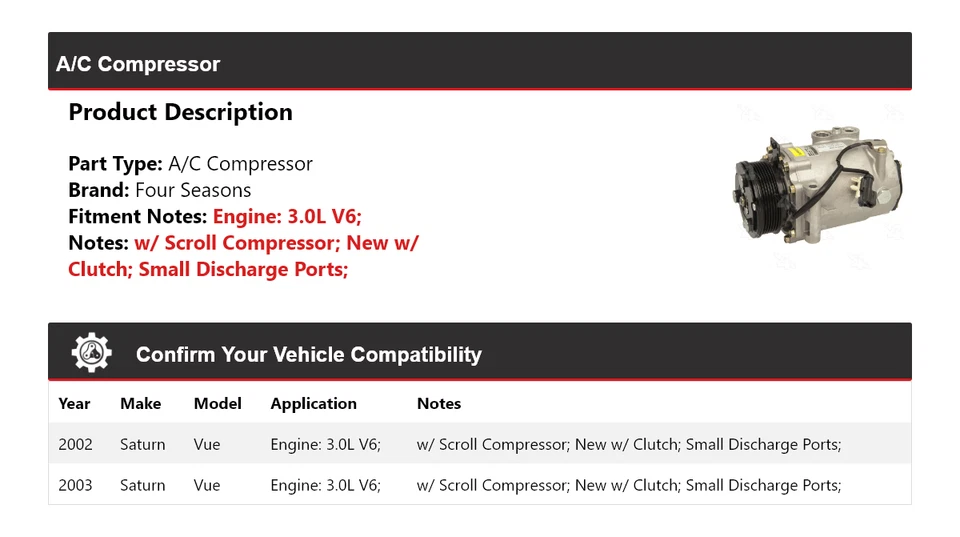 Compresor de aire acondicionado Saturn Vue 2002-2003 3,0 L V6 4 estaciones Foto 2 de 4