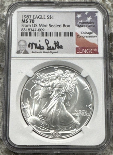 1987 $1 NGC MS70 .999 FINE SILVER EAGLE 1 OZ Mike Castle SIGNATURE LABEL