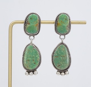 Navajo Green Turquoise Sterling Silver 2" Drop Earrings Signed RP Vintage ES2789
