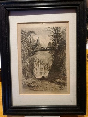 Antique 19thC Engraving After Drawing by W. Purser British Landscape Framed