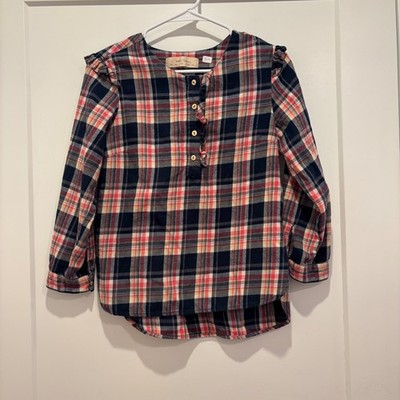Isabella Sinclair Plaid Flannel Blouse Navy Red Ruffle Shoulder Top XS