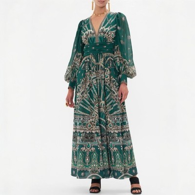Camilla Venice Veil Dress Size Small S Maxi Long Ruched Waist Green Silk