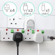 Duronic 4 Way White Multi Plug Extension Lead with USB Ports Surge Protected