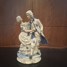 Victorian Style Porcelain Dancing Couple Figurine Blue White Hand Painted Glossy
