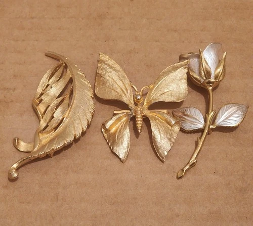 Vintage Golden Costume Jewelry Flower/Rose Leaf Butterfly Brooch/Pins Lot of 3