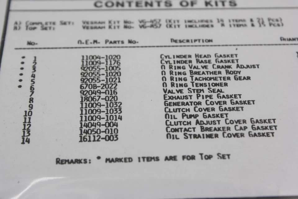 KIT JUEGO JUNTAS COMPLETO VESRAH PARA KAWASAKI KZ440 1980-1983 HECHO EN JAPÓN Foto 4 de 4