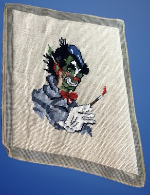 Vtg Clown Artist Painter Needlepoint Completed Green Face Paint Brush Retro MCM