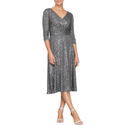 Alex Evenings Women's Cocktail Dress Size 16 Silver Sequined Long Sleeve A-Line