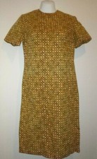 Vtg 50s Cotton Sheath Day Dress Gold Green Circles Geometric Sz M