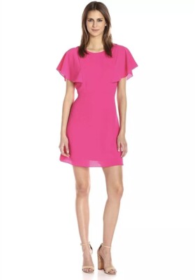 Kensie Crepe Flutter Sleeve Fit & Flare Dress Hot Pink Women's Size Large L  | eBay