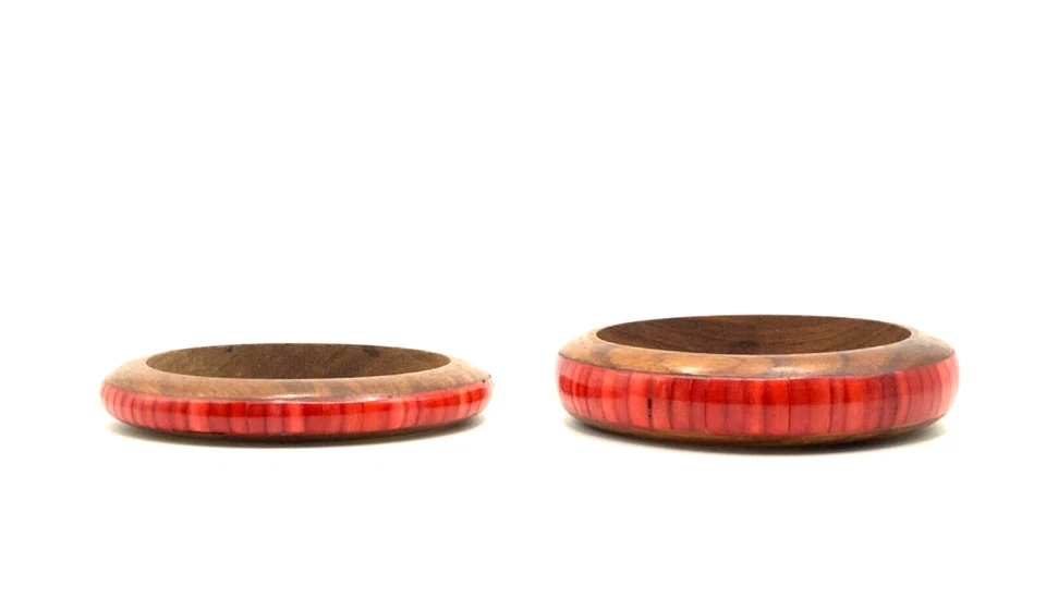 Lot of 2 Red Coral Inlay Wood Bangle Bracelet Chunky Boho Hippie Statement Retro - Image 4 of 4