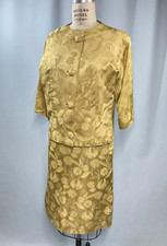 Vintage Women Skirt Suit SIZE MEDIUM yellow gold jacquard 60s sheath pencil